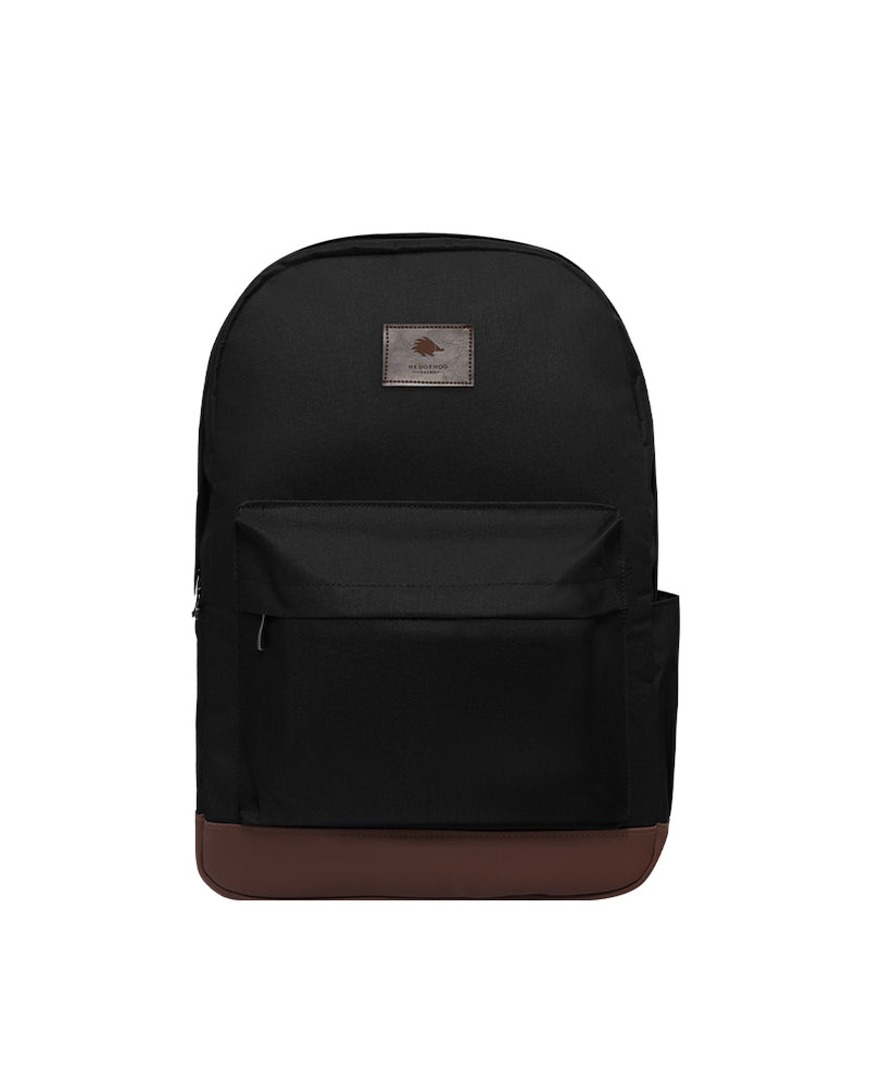 MOCHILA BASSIC BLACK CON CUERINA CAFÉ
