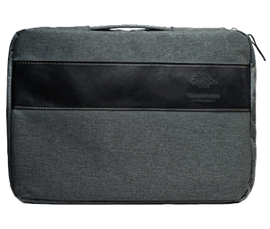 Estuche porta laptop color gris, con detalles de cuero y felpa interna anti rayones
